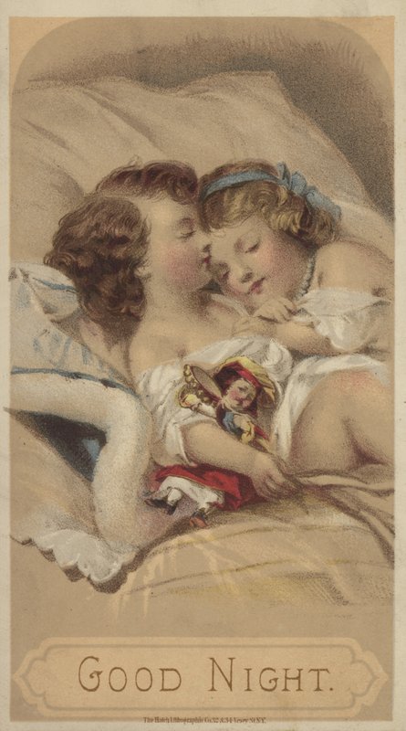 Buenas noches, niños durmiendo en la cama (chromolitho) de American School