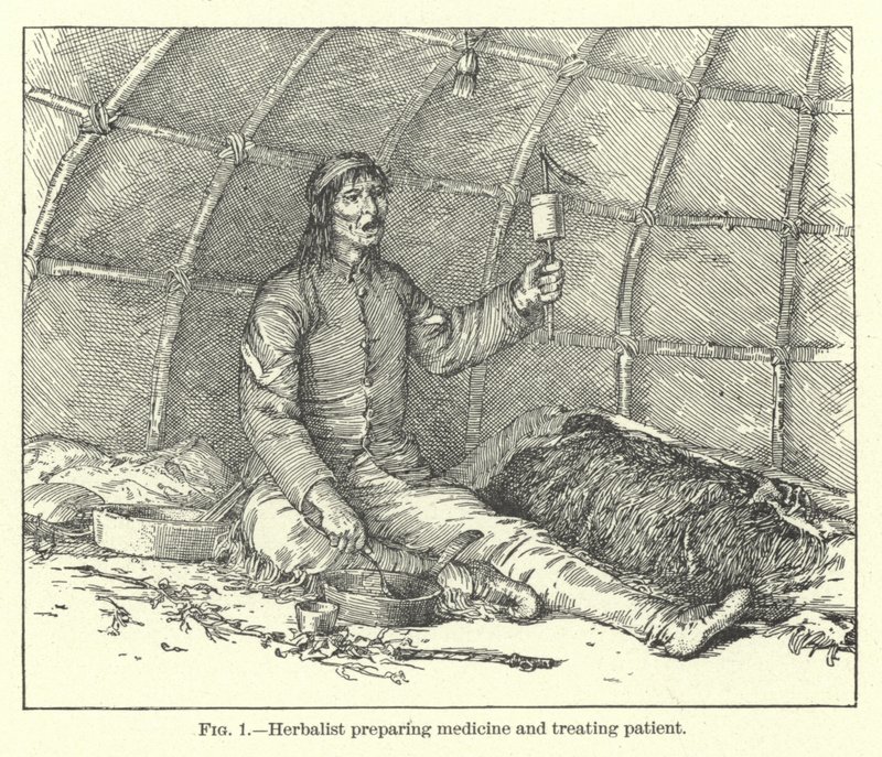 Herbolario preparando medicina y tratando al paciente de American School