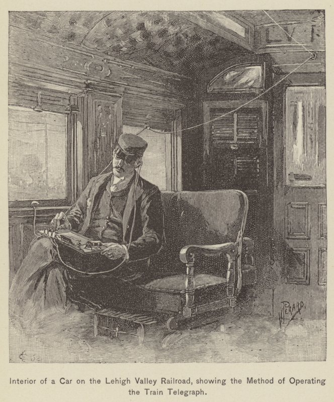 Interior de un vagón en el ferrocarril del valle de Lehigh, mostrando el método de operar el telégrafo del tren (grabado) de American School