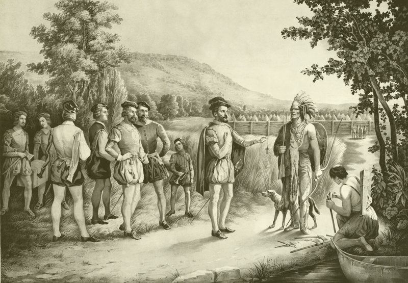 Jacques Cartier, su primera entrevista con los indios en Hochelaga, ahora Montreal en 1535, c.1850 de American School