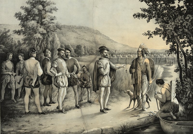 Jacques Cartier, su primera entrevista con los indios en Hochelaga, ahora Montreal en 1535, c.1850 de American School