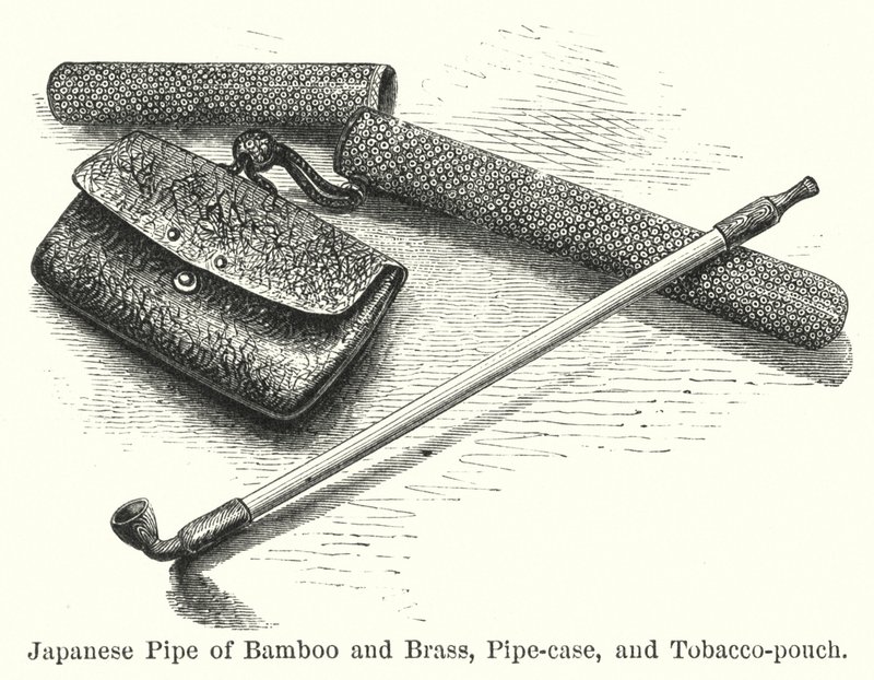 Pipa japonesa de bambú y latón, estuche para pipa y bolsa de tabaco de American School