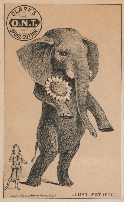 Llegada de Jumbo, anuncio de hilo de algodón de Clark, con el famoso elefante de circo de P.T. Barnum de American School
