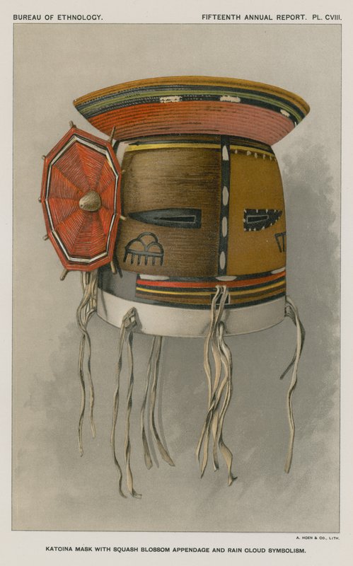 Máscara Katcina con apéndice de flor de calabaza y simbolismo de nube de lluvia de American School