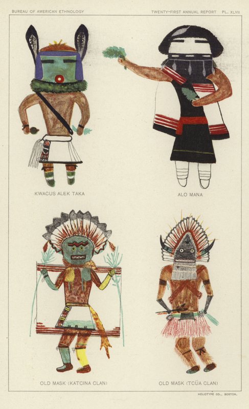Kwacus Alek Taka, Alo Mana, Máscara antigua (Clan Katcina), Máscara antigua (Clan Tcua) (litografía en color) de American School