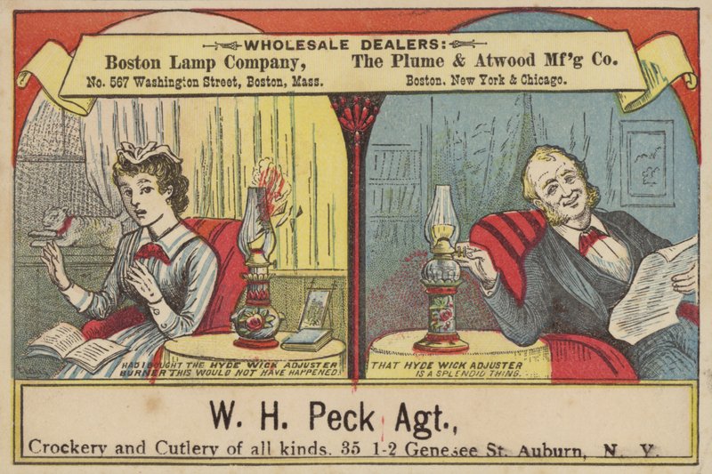 Dama y caballero leyendo a la luz de una lámpara de aceite de American School