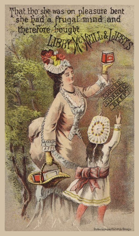 Dama y niña anunciando carne enlatada de American School