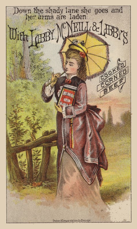 Dama caminando con una lata grande de carne enlatada de American School