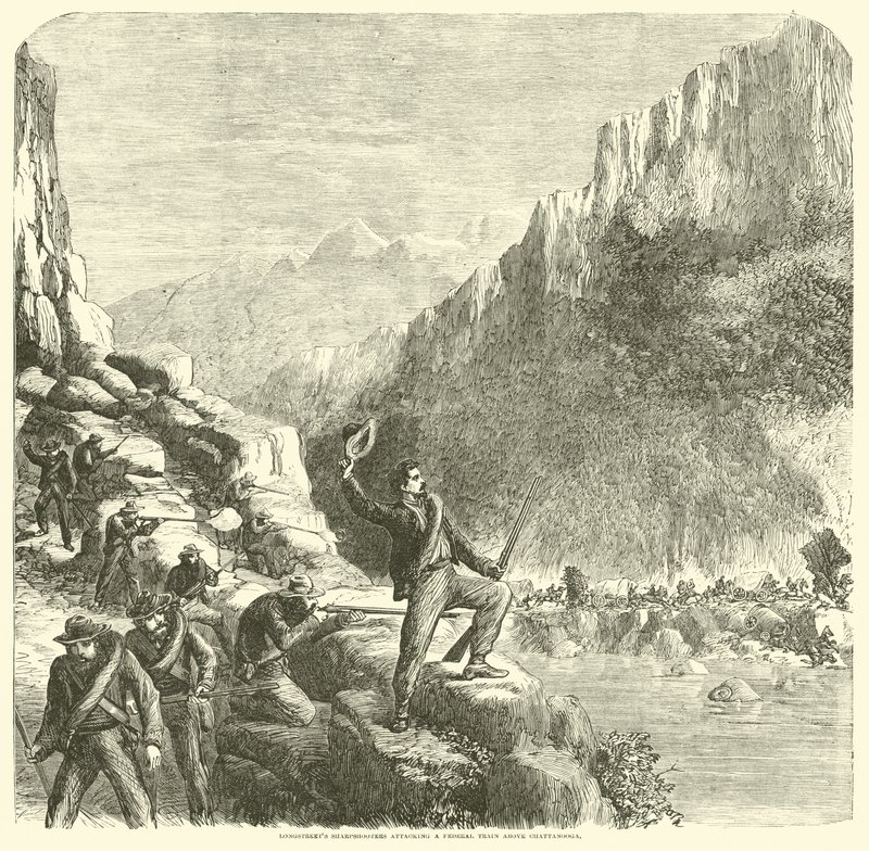 Francotiradores de Longstreet atacando un tren federal sobre Chattanooga, octubre de 1863 de American School