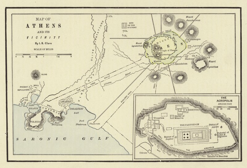 Mapa de Atenas y sus alrededores; La Acrópolis de American School
