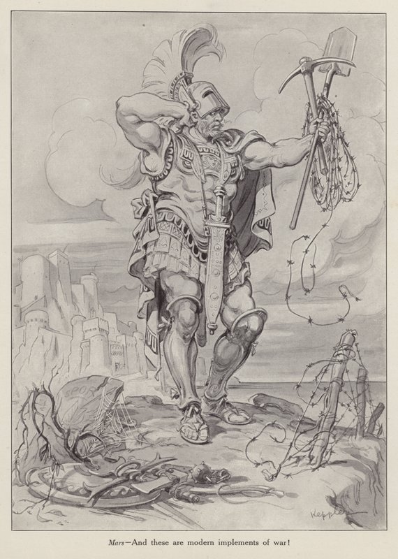 Marte, dios romano de la guerra, con palas y alambre de espino para la guerra de trincheras (litografía). de American School