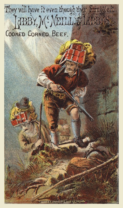 Hombres contrabandeando carne enlatada de American School