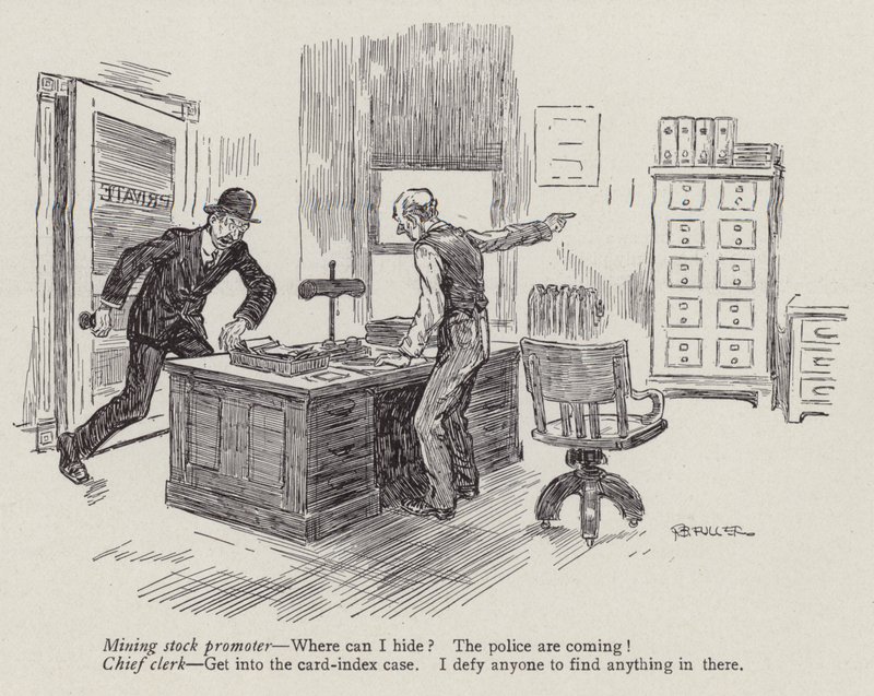 Promotor de acciones mineras huyendo de la policía (litografía) de American School