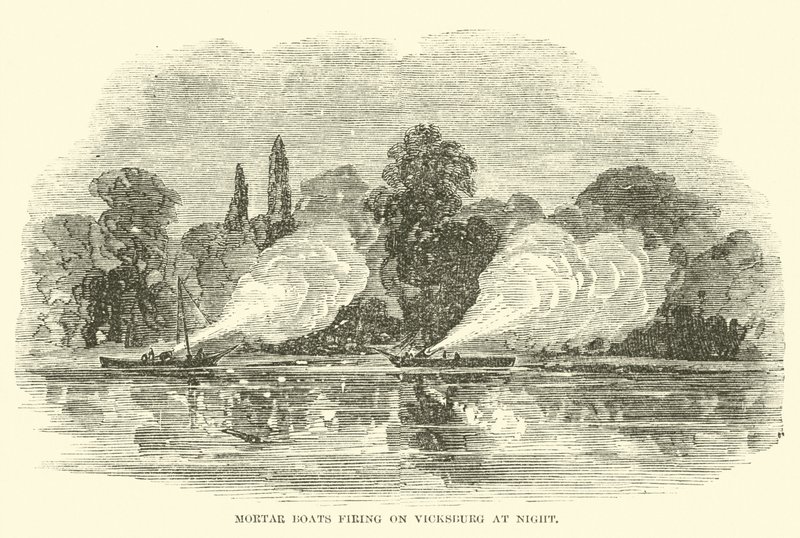 Botes de mortero disparando a Vicksburg por la noche, julio 1862 de American School