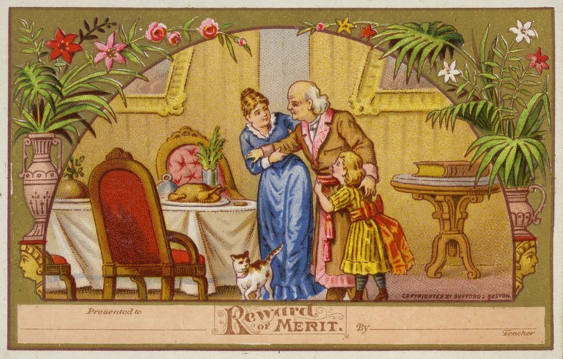 Madre e hija ayudando al abuelo a la mesa de American School
