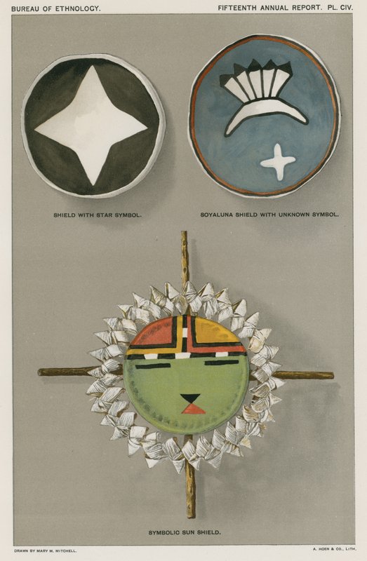 Escudos nativos americanos - escudo con símbolo de estrella, escudo Soyaluna con símbolo desconocido, escudo solar simbólico de American School