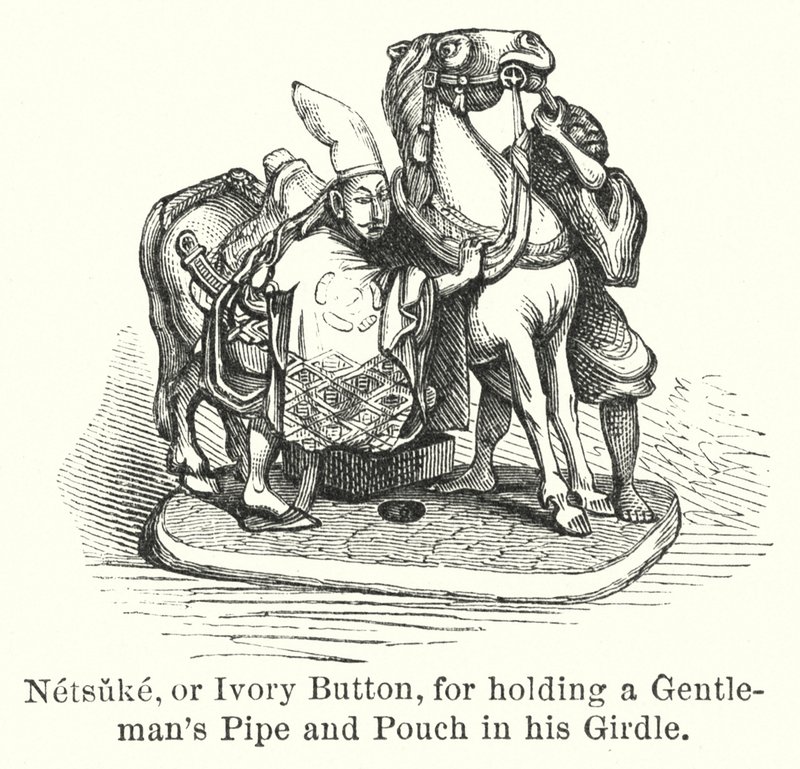 Netsuke, o botón de marfil, para sostener la pipa y la bolsa de un caballero en su cinturón de American School