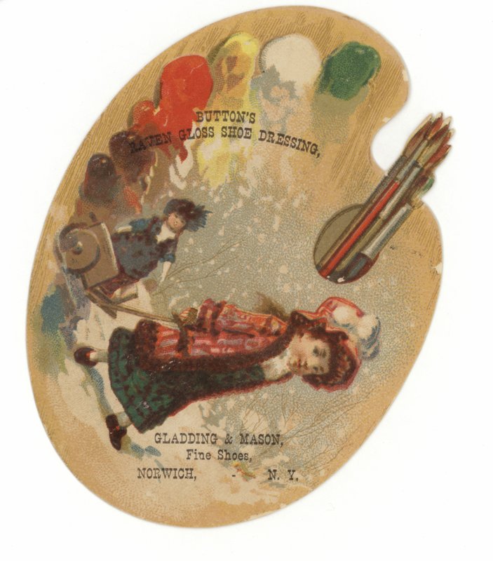 Imagen de niña tirando de un trineo en la nieve sobre una paleta de pintura de American School