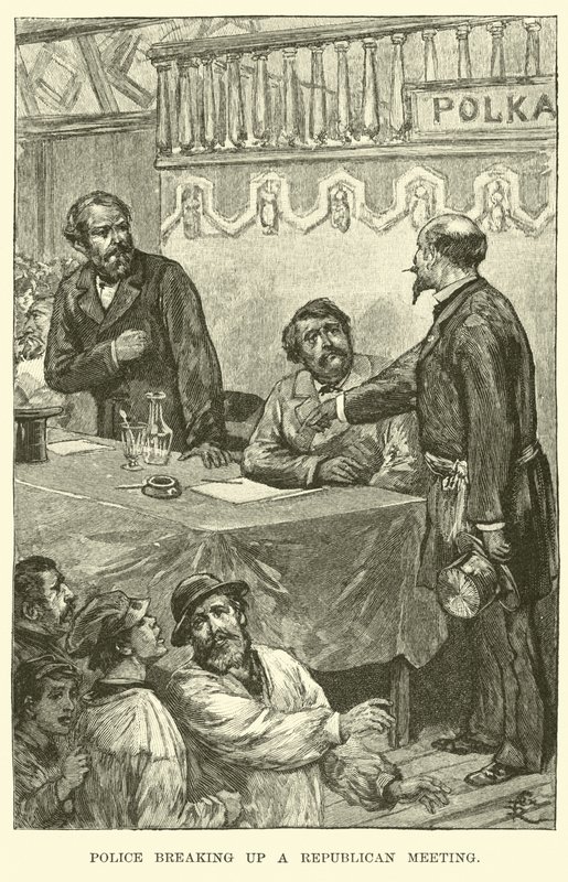 La policía disolviendo una reunión republicana de American School