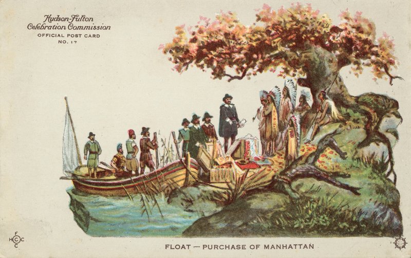 Adquisición de Manhattan (litografía en color) de American School