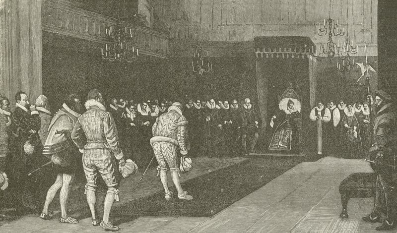 La reina Isabel recibiendo a los embajadores franceses después de la masacre de San Bartolomé, del cuadro de Wm F Yeames de American School