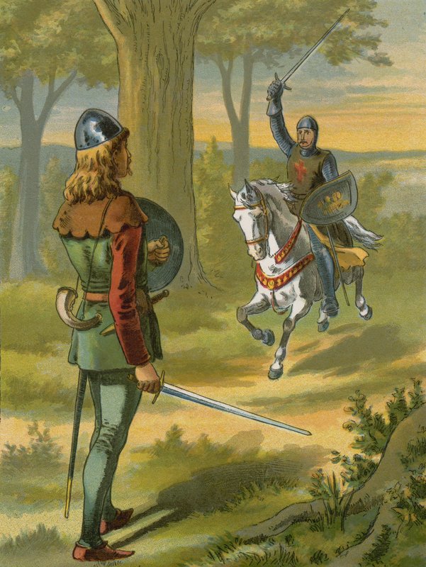 Robin Hood detiene al caballero en armadura negra de American School