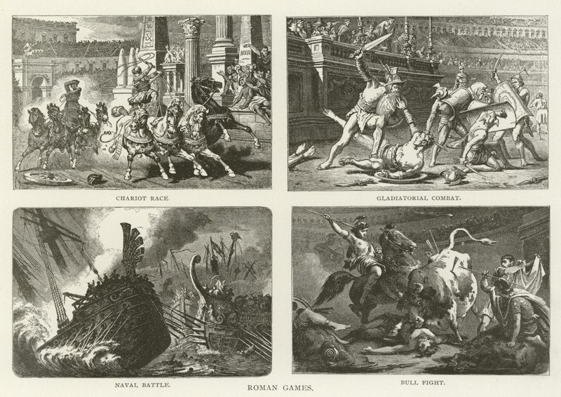 Juegos romanos, carrera de carros, combate de gladiadores, batalla naval, corrida de toros de American School