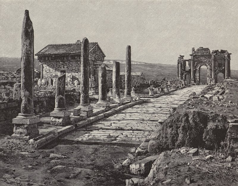 Ruinas de la ciudad romano-bereber de Timgad (antigua Thamugas), Argelia (grabado) de American School