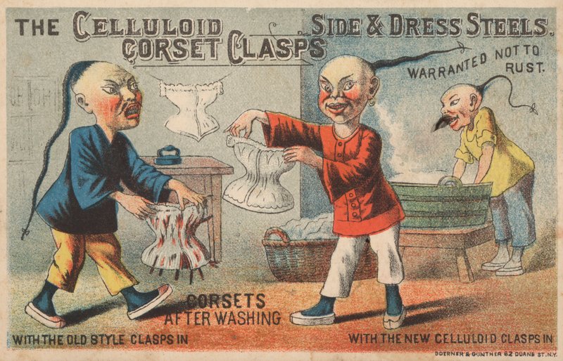 Escena en una lavandería china, anuncio de Broches de Corsé de Celuloide de American School