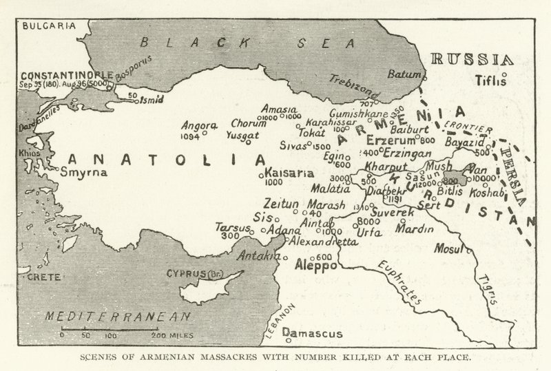 Escenas de masacres armenias con número de muertos en cada lugar de American School