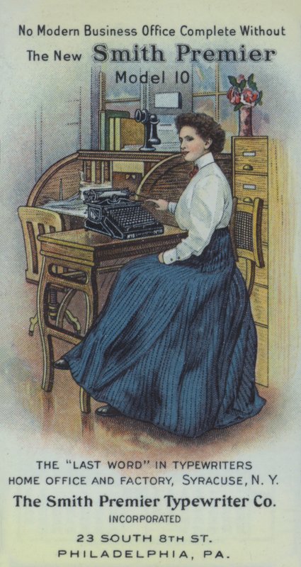 Secretaria en su despacho, con la nueva máquina de escribir Smith Premier (litografía en color) de American School