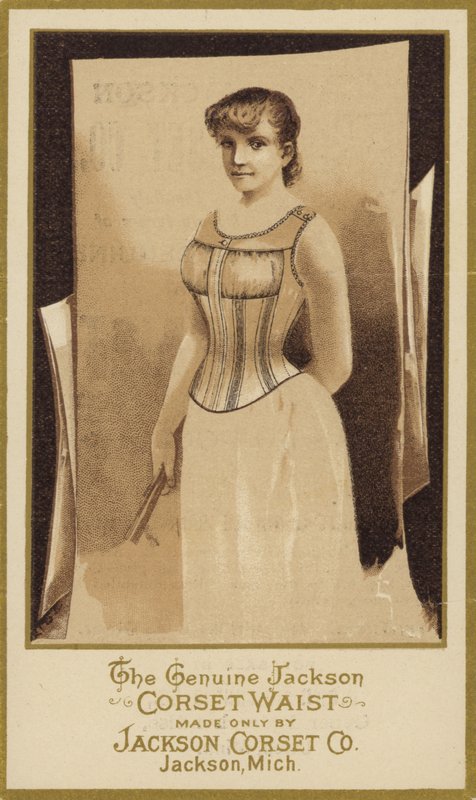 Fotografía sepia de dama con corsé de American School