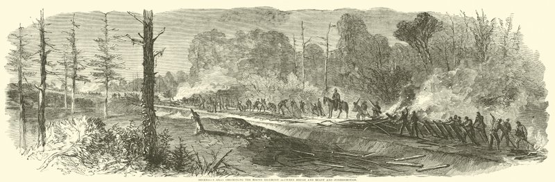 El ejército de Sherman destruyendo el ferrocarril de Macon entre Rough y Ready y Jonesborough, agosto de 1864 de American School