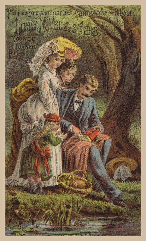 Sentado junto al río abriendo carne enlatada de American School