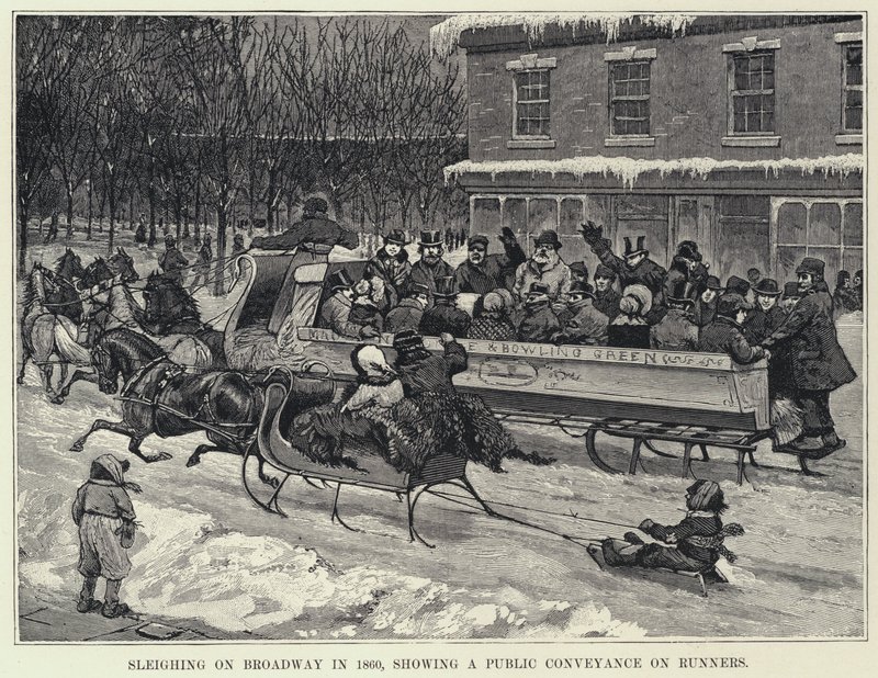 Paseo en Trineo en Broadway en 1860, mostrando un Transporte Público en Patines de American School