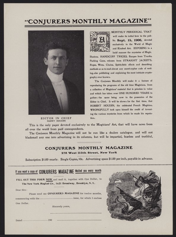 Formulario de suscripción para Conjurers Monthly Magazine, Editor en Jefe Harry Houdini de American School