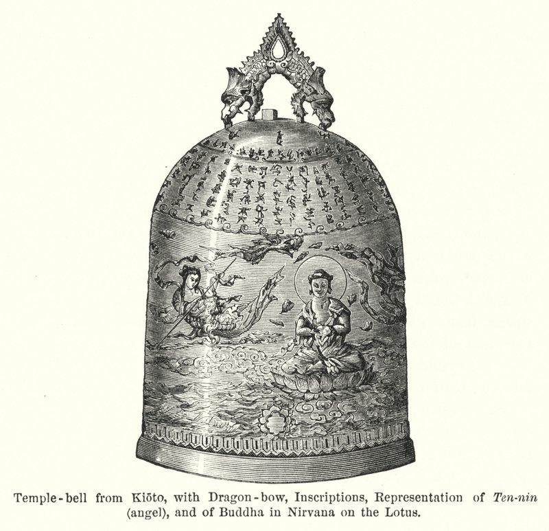 Campana del templo de Kioto, con arco de dragón, inscripciones, representación de Ten-nin, ángel, y de Buda en Nirvana sobre el loto de American School