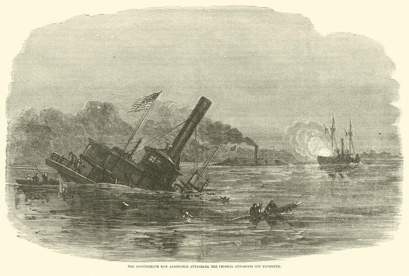 El ariete confederado Albemarle atacando los cañoneros federales frente a Plymouth, octubre 1864 de American School