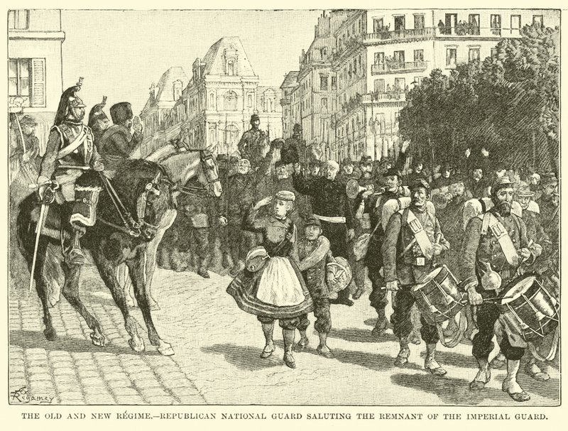 El antiguo y el nuevo régimen, Guardia Nacional Republicana saludando al remanente de la Guardia Imperial de American School