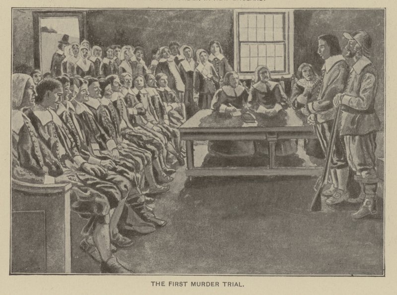 El primer juicio por asesinato en Nueva Inglaterra (litografía) de American School