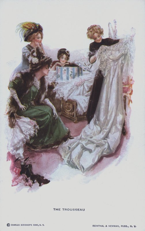 El ajuar: una futura novia mirando un vestido de novia (litografía en color) de American School