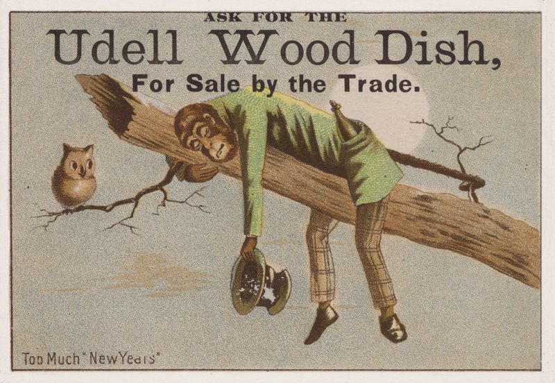 Demasiado Año Nuevo, tarjeta comercial que anuncia platos de madera Udell de American School