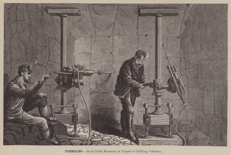 Túneles, Taladros de Roca Montados en Túneles o Columnas de Perforación (grabado) de American School