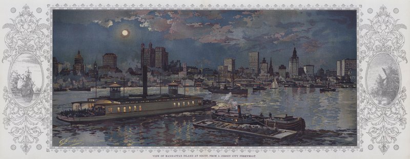 Vista nocturna de la isla de Manhattan desde un transbordador de Jersey City (litografía en color) de American School