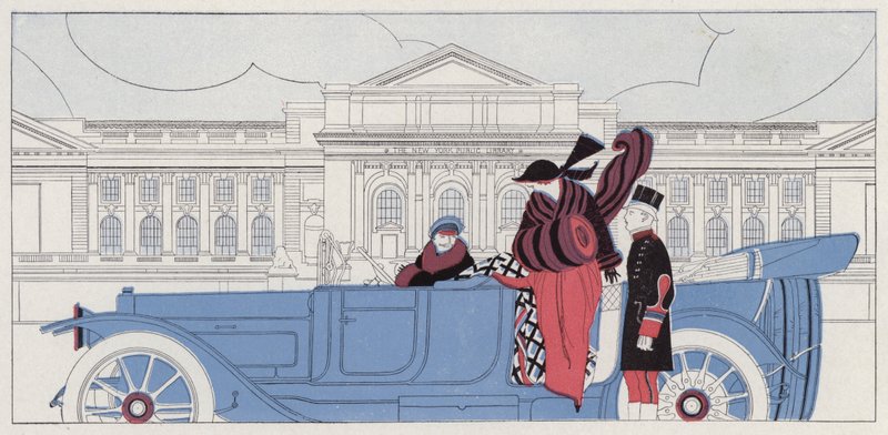 Mujer enamorándose de su chófer, escena del cuento Taking Chances, de J A Waldron (litografía en color). de American School