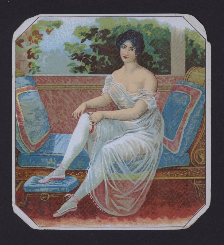 Mujer en negligé, etiqueta de cigarro (chromolitho) de American School