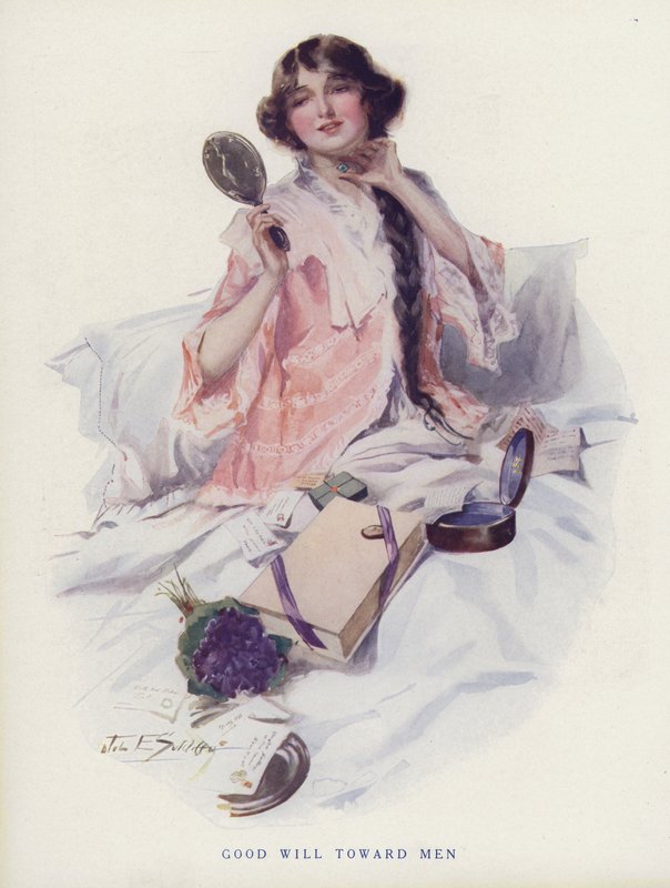 Mujer mirando los regalos de sus admiradores masculinos (litografía en color) de American School