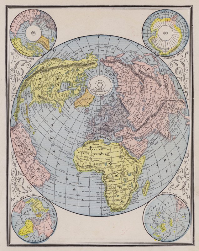 Mapa mundial que muestra los continentes, regiones polares y cambios en los niveles del mar de American School