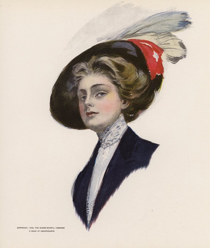 Mujer joven con sombrero de plumas (litografía en color) de American School