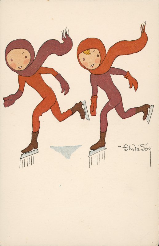 Dos niños patinando sobre hielo (litografía en color) de Andre Foy